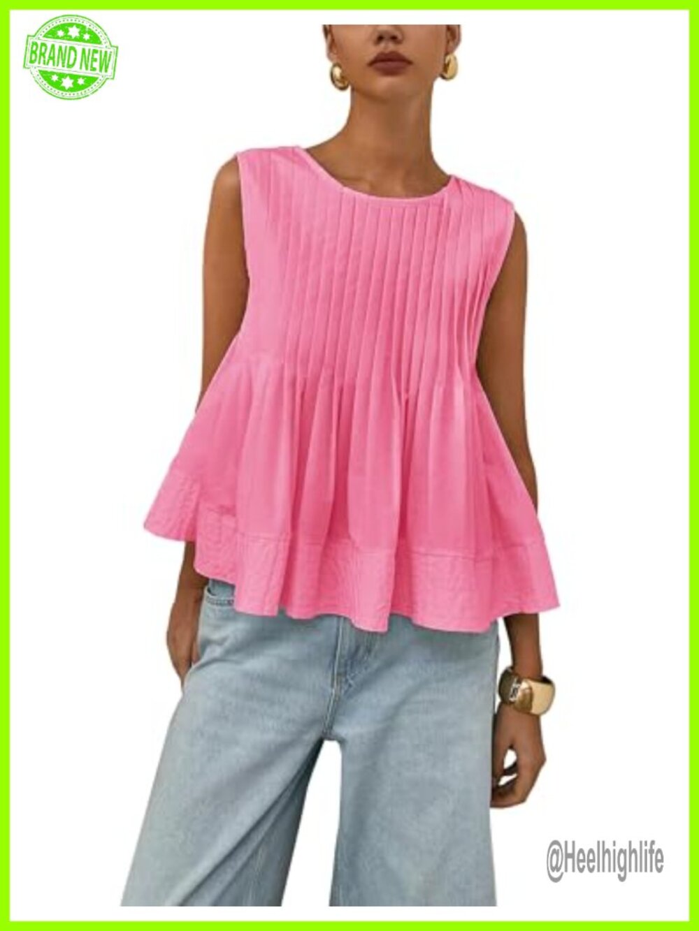 Womens Sleeveless Pleated Peplum Tank Top Crew Neck Babydoll Blouse Y2K